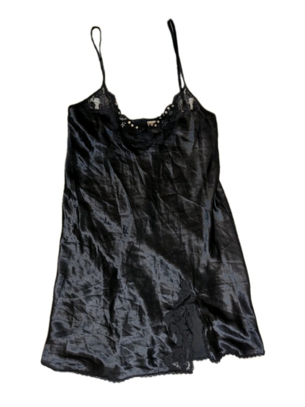 Gilligan & O'Malley Black Satin Lace Trim Slip Dress Nightgown Chemise Size L